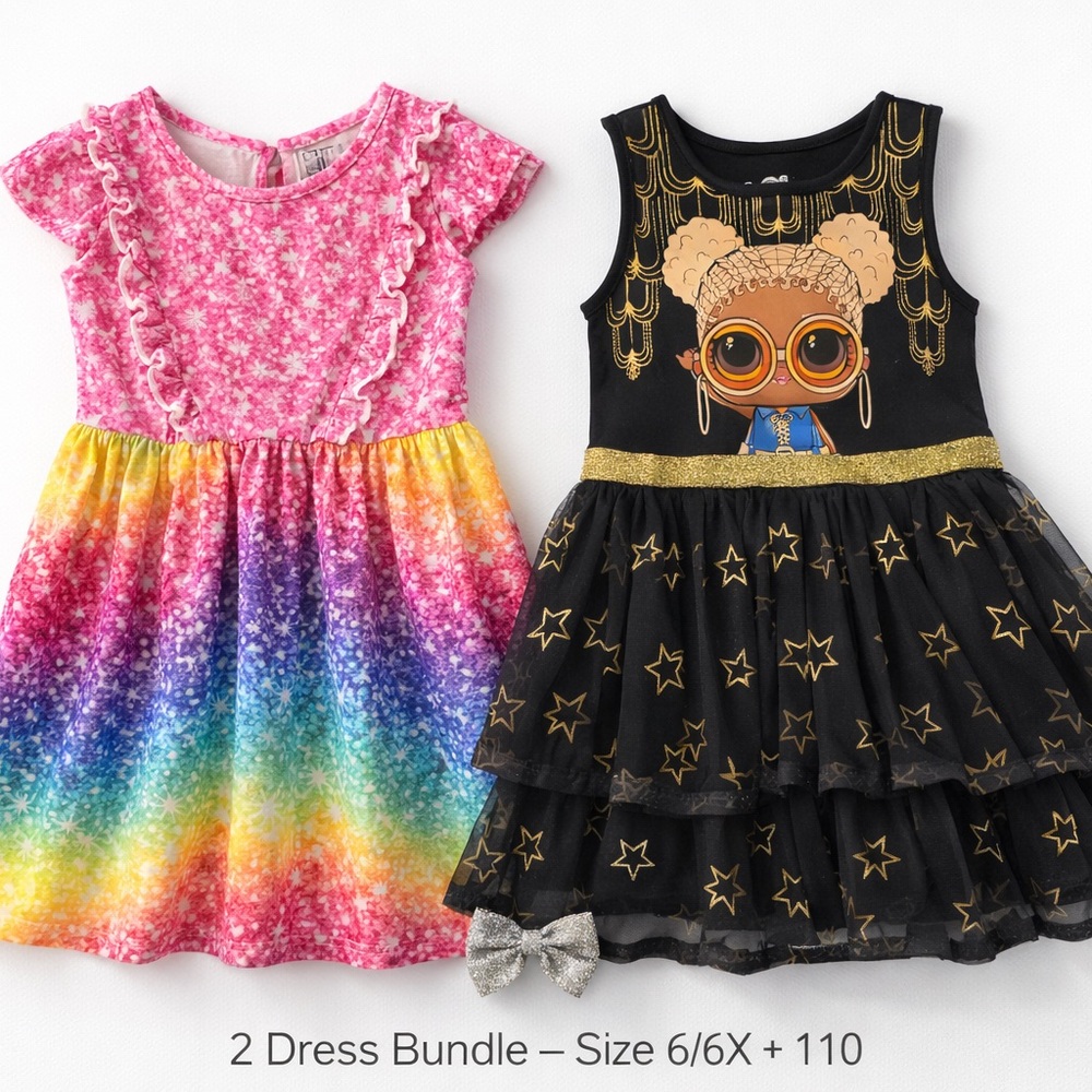 Girls Dress Bundle Rainbow Sparkle + LOL Surprise Black Gold Size 6/6X & 110